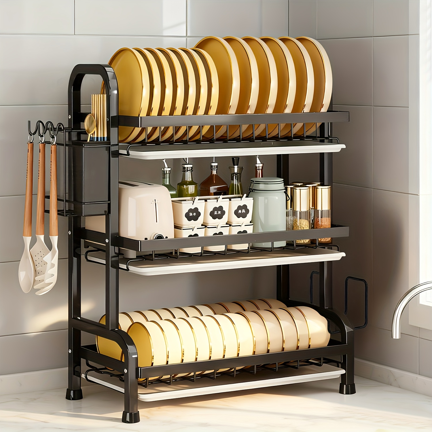 3-tier 52cm Cutlery Rack, Cutlery Drying Rack, Multi-functional Kitchen Countertop, , With Removable Drip Tray, Cutlery Organizer, Drain Rack (black)