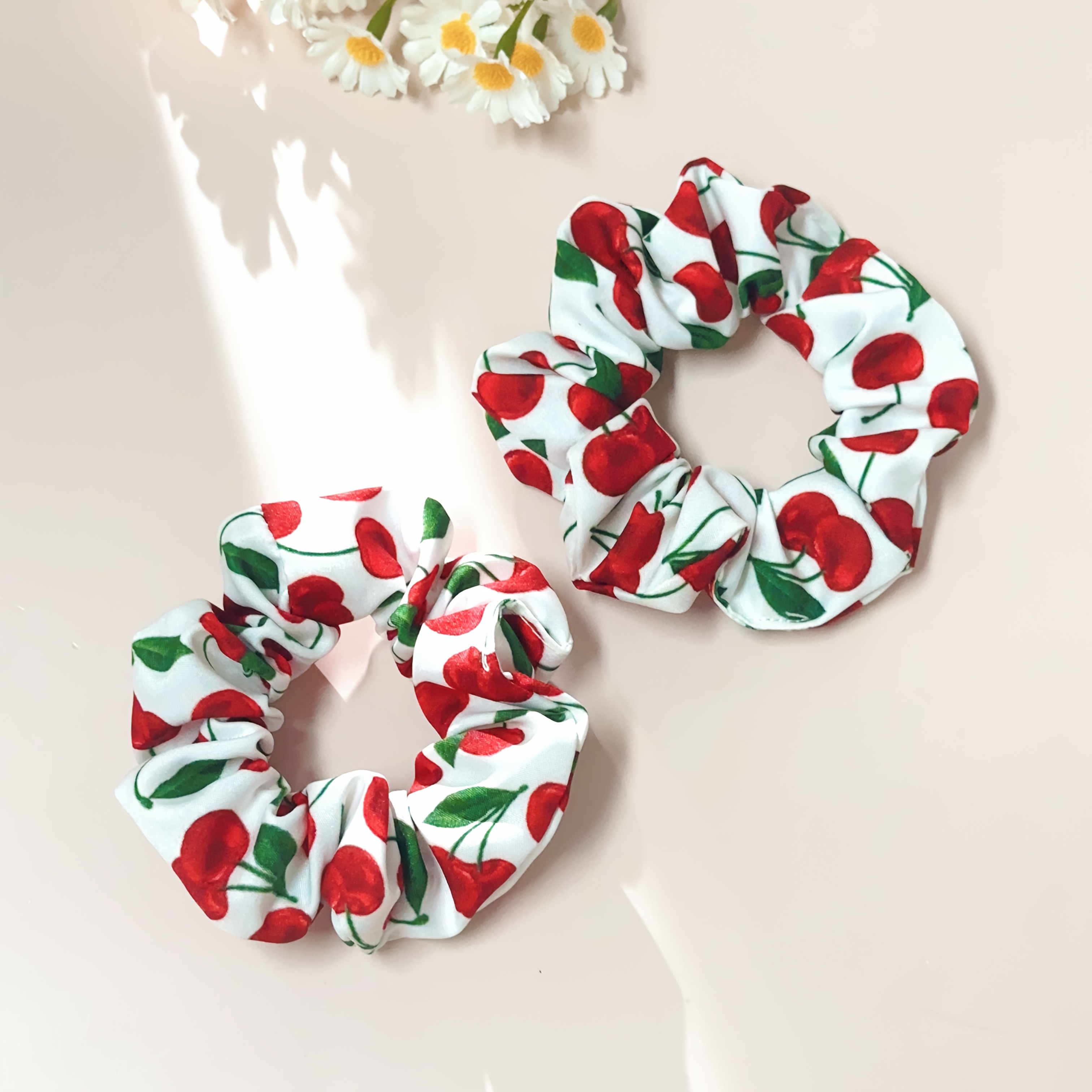 TEMU 2pcs Elegant Boho Chic Fabric Scrunchies With Strawberry & Cherry Prints - Perfect For Ponytails, Buns & Styling Accessories