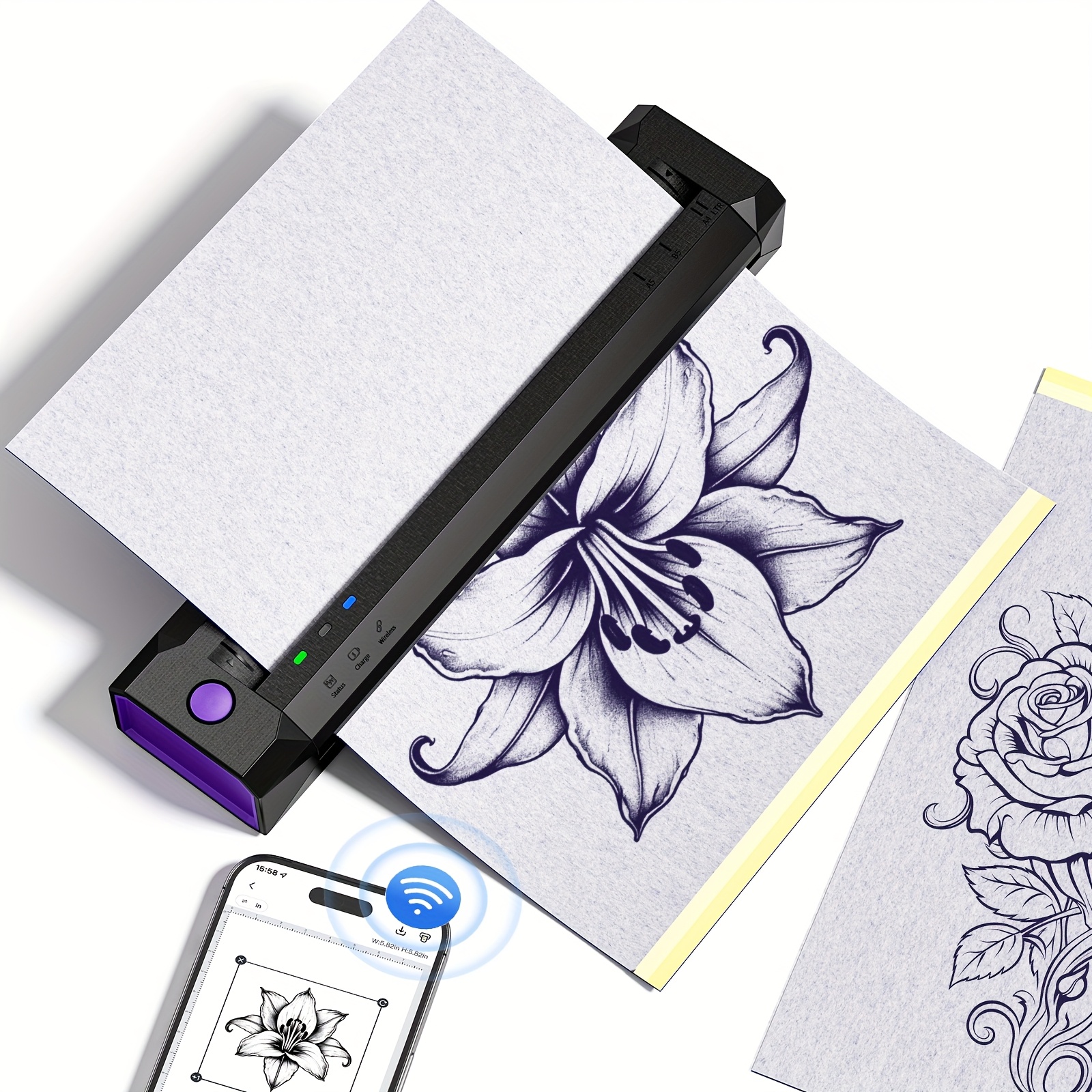   a881u wireless thermal tattoo stencil printer with 5pcs transfer paper portable bt tattoo machine for artists smartphone pad compatible usb rechargeable 203dpi high resolution printing 15 20 ppm speed lithium polymer battery