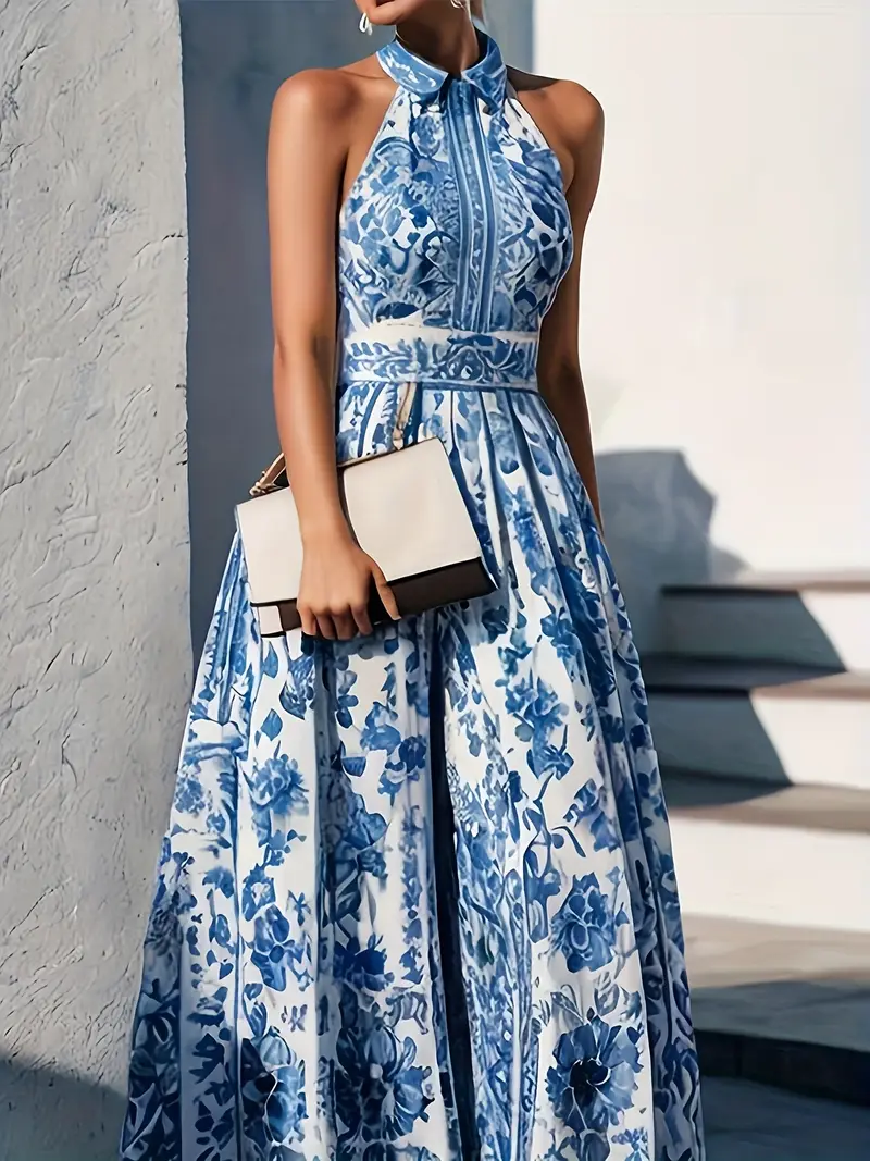 womens a line loose fit sleeveless maxi dress with floral print lapel collar and split joint design spring summer and vacation casual wear cute dress Product details 1