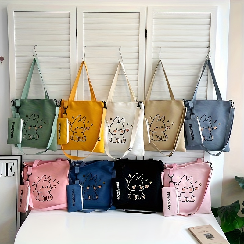 Große Schultertasche mit blauem Denim-Hasenmuster und passendem Mini-Etui, lässige Handtasche für Studenten_voghion.com