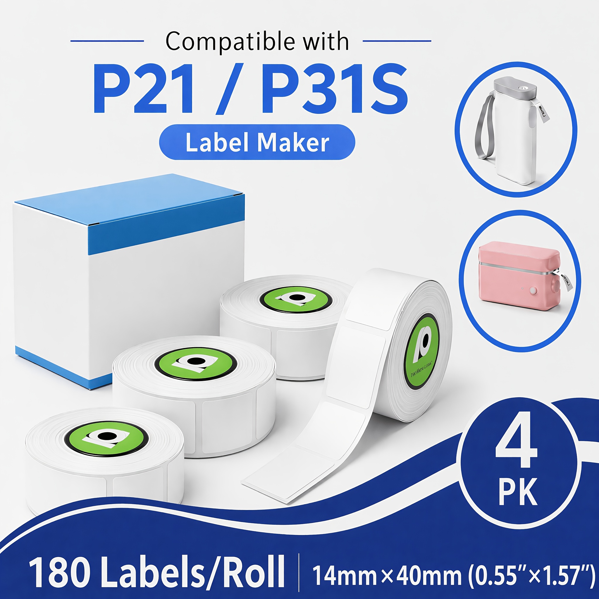 TEMU P21 Label Compatible With Nelko P21 Label Maker, 14x40mm, 180 Tapes/roll, 4-rolls, White, Replace For Nadaiin N12, Orgbro X1, S001, Polono P31s