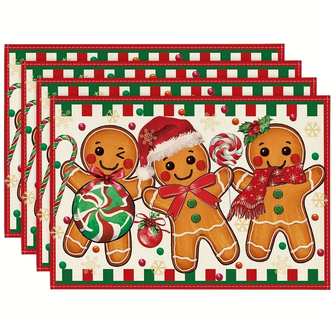 

Christmas Gingerbread & Candy Cane Placemats 4pc Set, 12x18" - Festive Polyester Table Mats For Holiday Dining & Kitchen Decor, Machine Washable