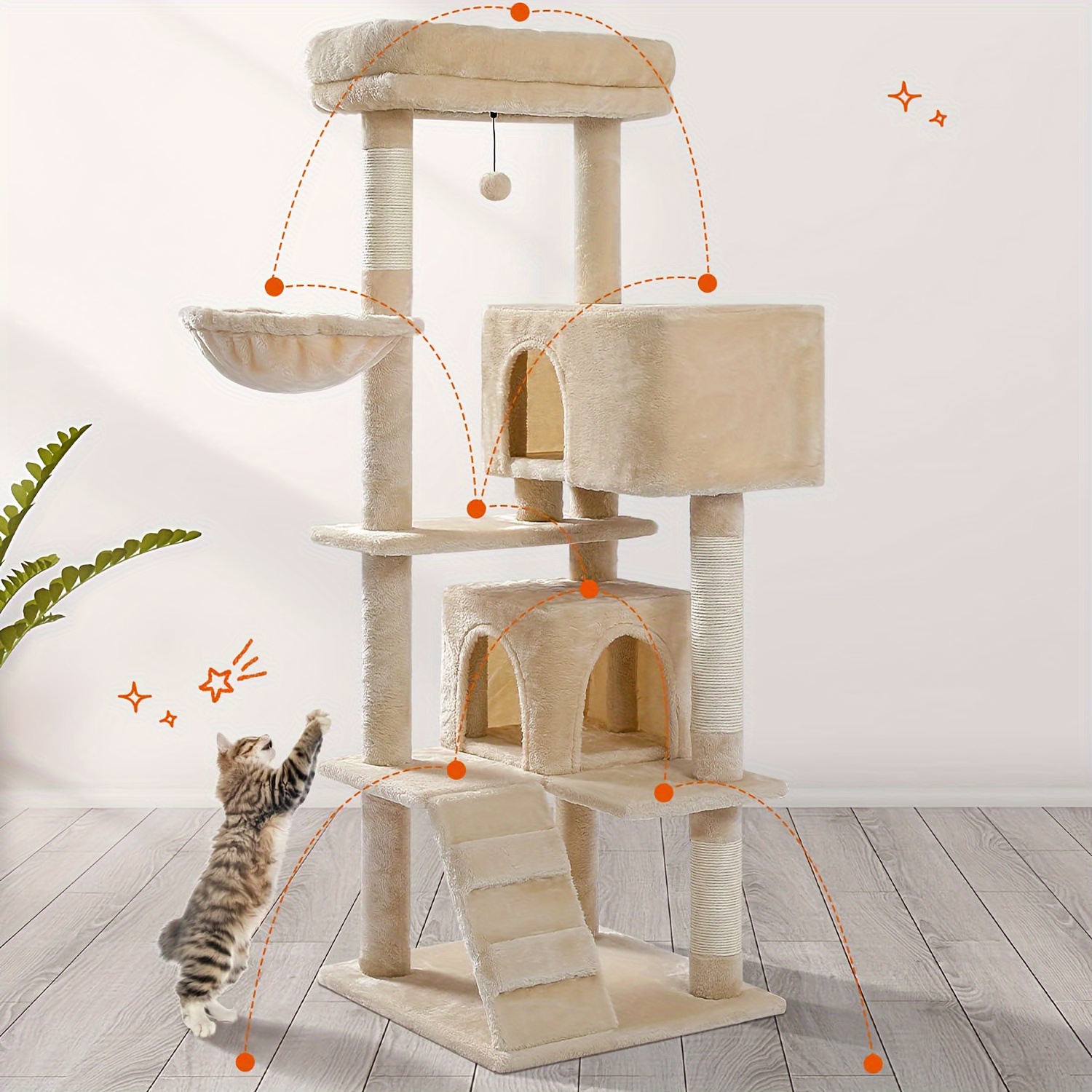 

Cat Tree For Large Cats Adult With Super Large Top Perch, 56.3" Cat Tower For Large Cats With Plush , Cat Shelves And Pompom, Cat Scratching Posts And 2 Condos Houses