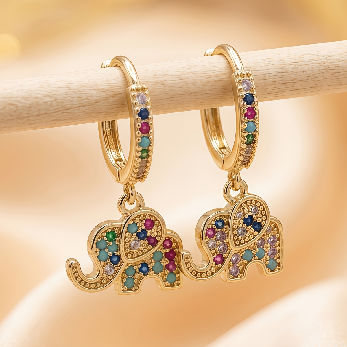 TEMU A Pair Of Elegant And Simple Colorful Hoop-shaped Elephant-inspired Pendant Earrings, Inlaid With Multi-colored Synthetic Synthetic Zirconia,