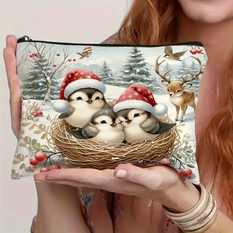 

1pc Cute Bird & Elk Christmas Cosmetic Bag For Women - Polyester Toiletry Pouch With Zipper, Double-sided Print, Large Capacity Travel Makeup Organizer, Ideal Gift For