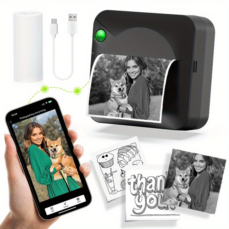 TEMU Photo Printer, Portable Inkless Thermal Sticker Printer, Includes 1 Roll Of Thermal Paper, Wireless Notepad Printer, Suitable For Photos,