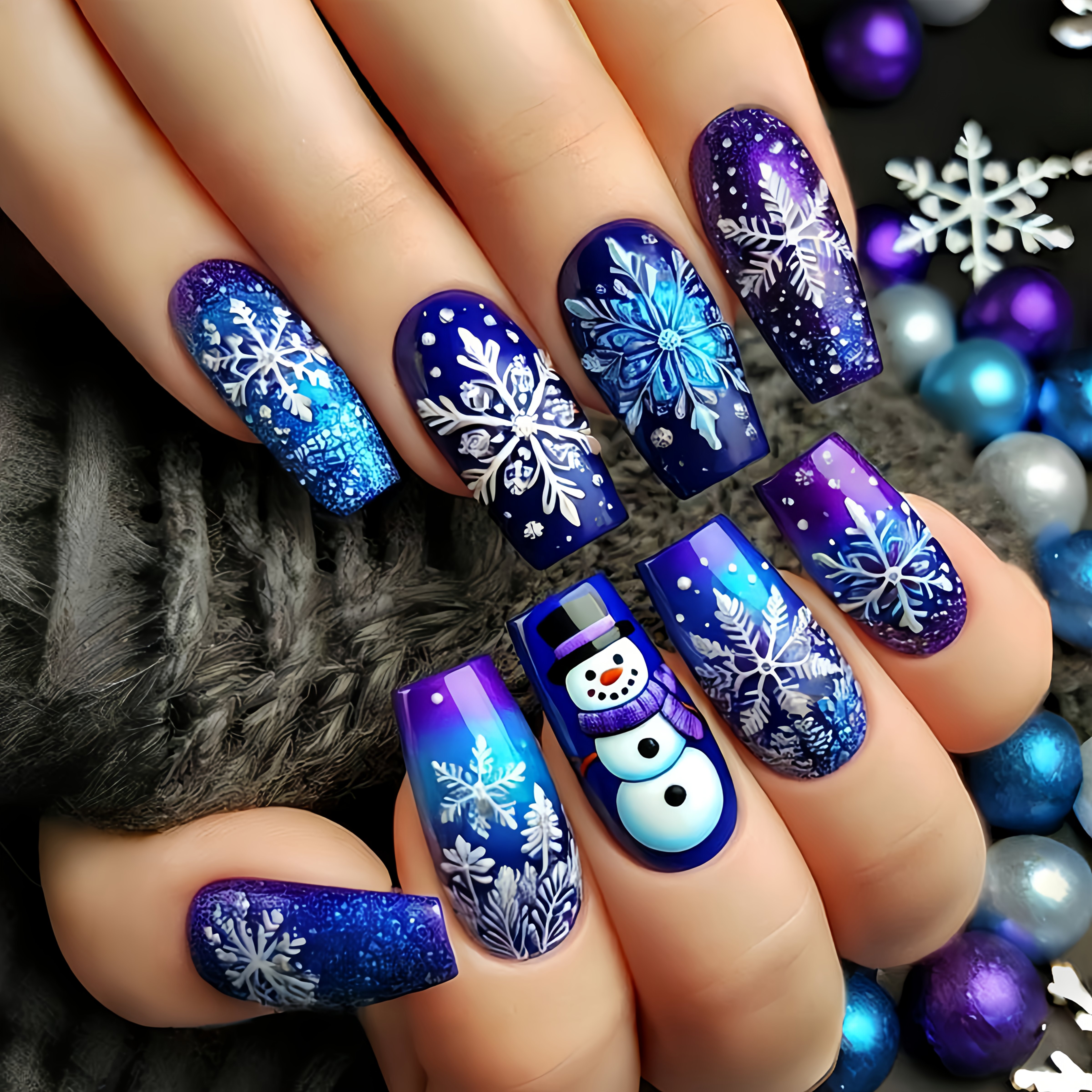 TEMU Christmas Nails, Medium-long European Square Nails, Christmas Snowman And Snowflake Pattern False Nails, European And American Christmas Series