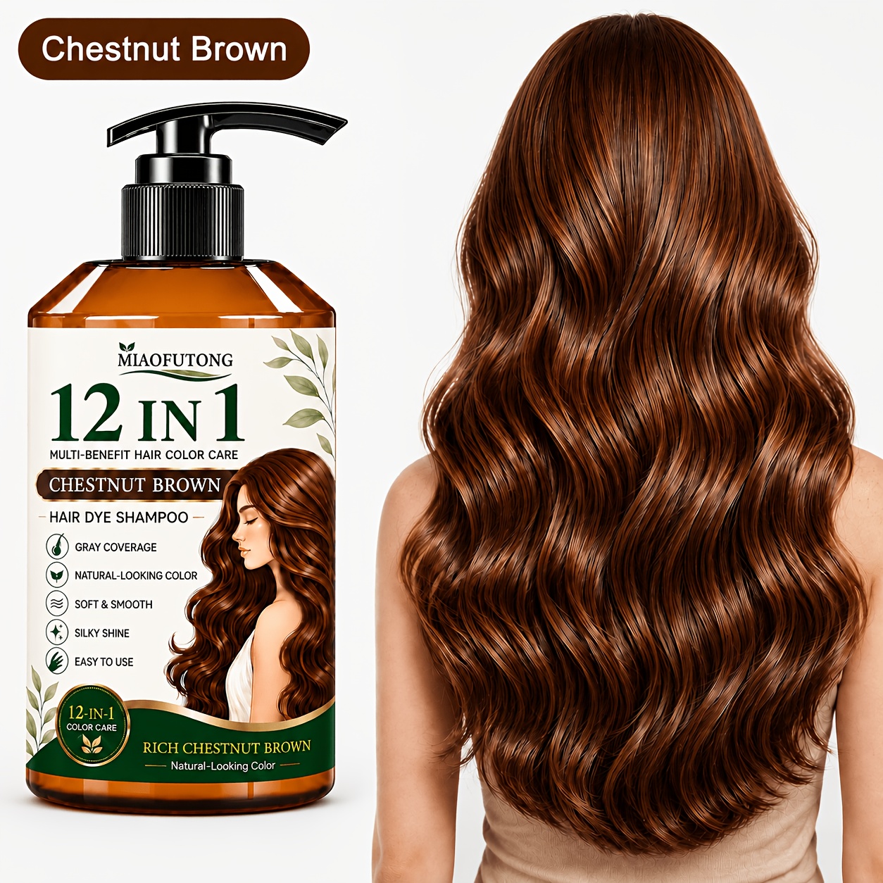 TEMU 12in 1 Hair Dye Shampoo, Natural Herbal Hair Color Shampoo With Ginseng, Ganoderma & Polygonum Multiflorum, Black, & Caramel Brown, Covering
