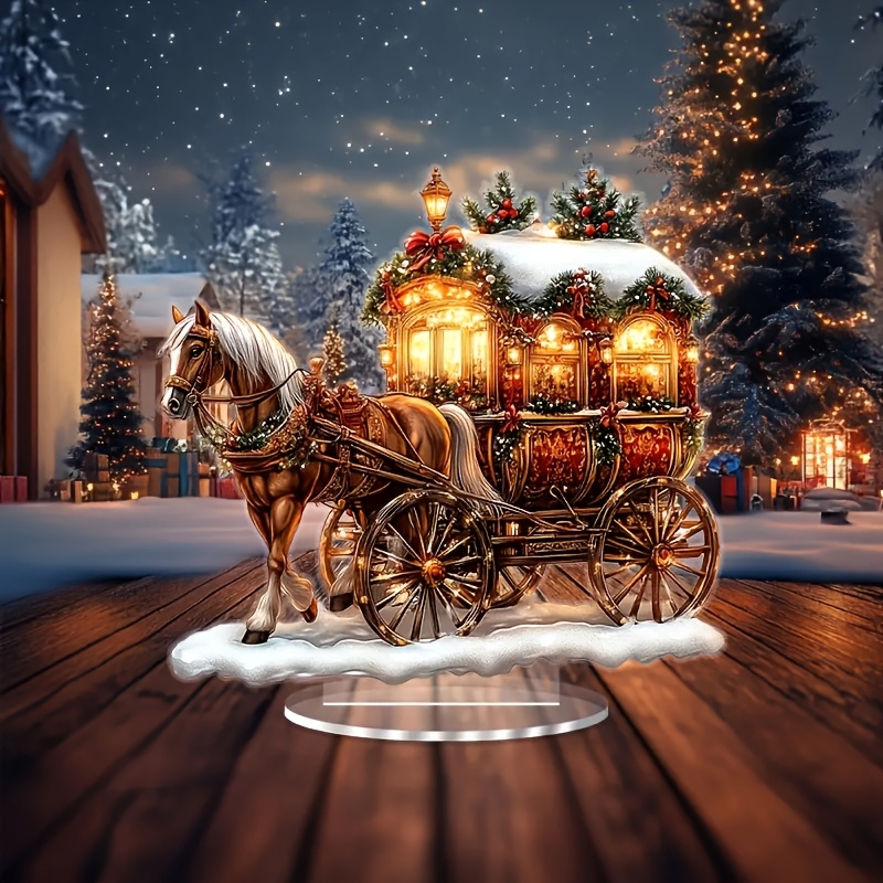 

2d Flat A 2d Elegant Acrylic Christmas Carriage And Horse With A Base - A Holiday Decoration Suitable For Home And Office, Without Any Text.