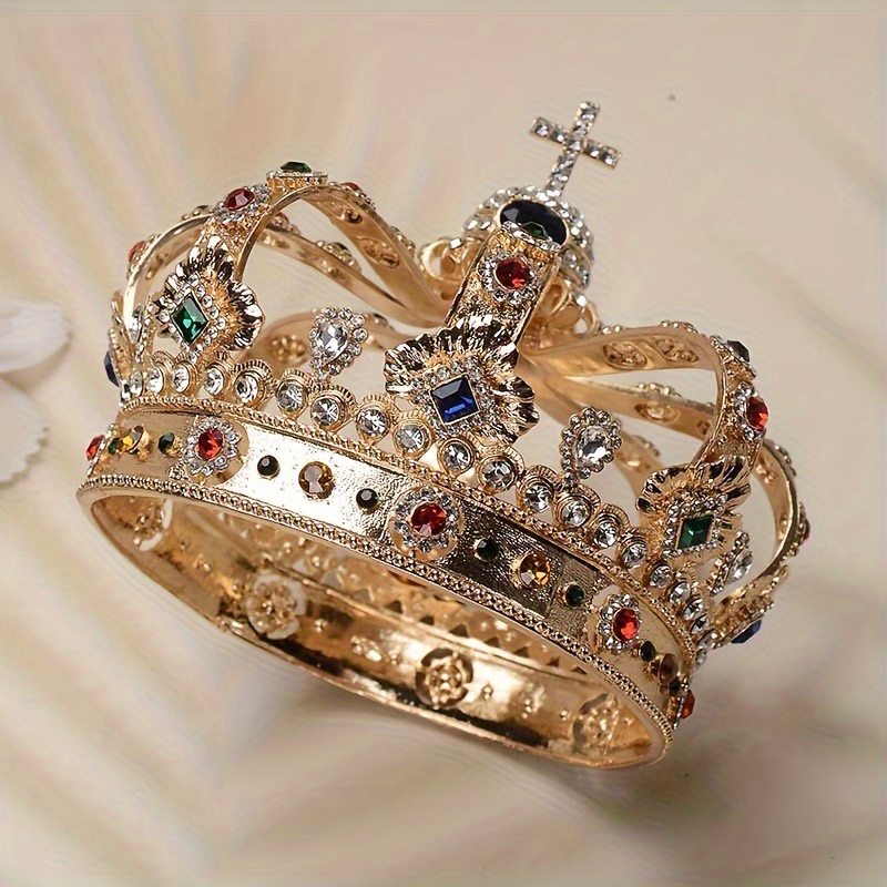 1pc elegant crown golden tone alloy with rhinestone accents classic vintage cosplay jewelry headdress unisex for men and women ideal for prom hair accessory decor details 1