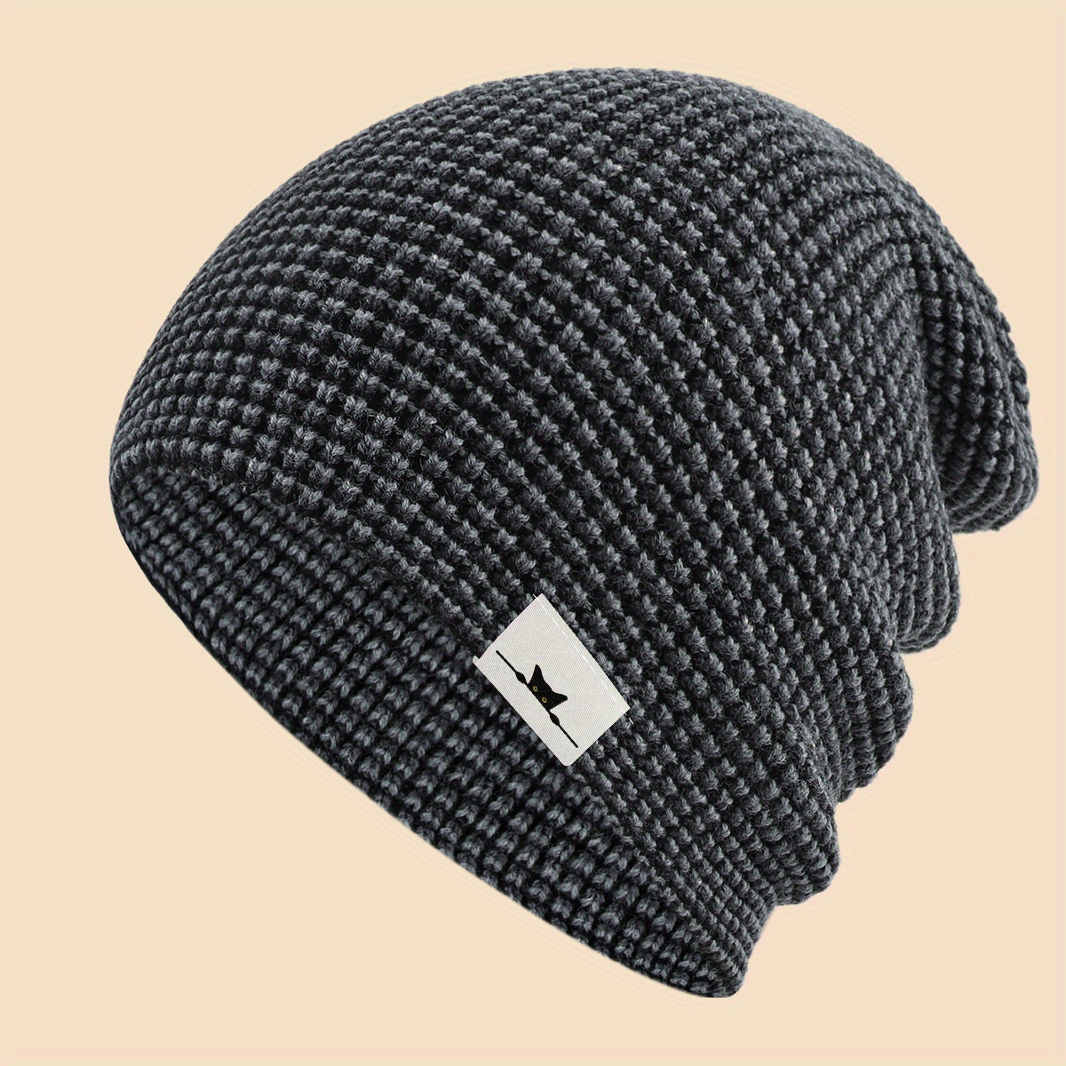 TEMU 1pc Black Cat Knit Hat With Kitten Logo - Warm Winter Beanie Suitable For , Stretchy Breathable Outdoor Hat, Christmas/birthday Gift (hand