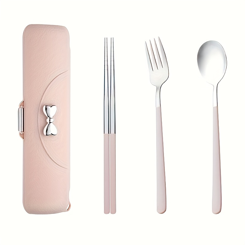 1 Set Portable Cutlery Set - Stainless Steel Utensils - Spoon, Fork, Chopsticks, And Storage Box - Silverware Set, Kitchen Outdoor Picnic Cutlery Set With Bow Box