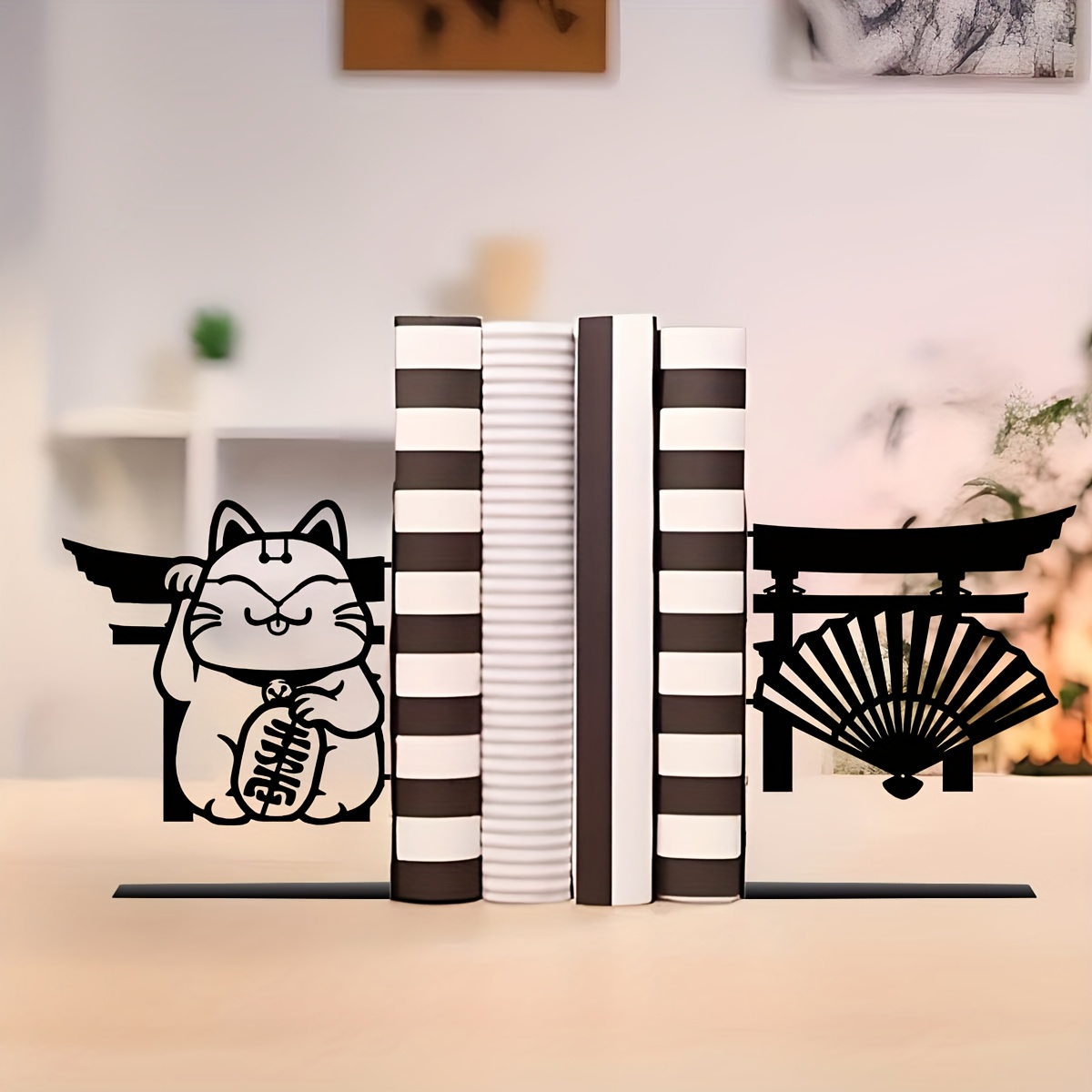TEMU 2pcs Japanese Bookends - Black Metal Good Luck Charm Shelf Decor, Figurines For Bookshelf, Library, Durable Metal Bookend Statues (traditional