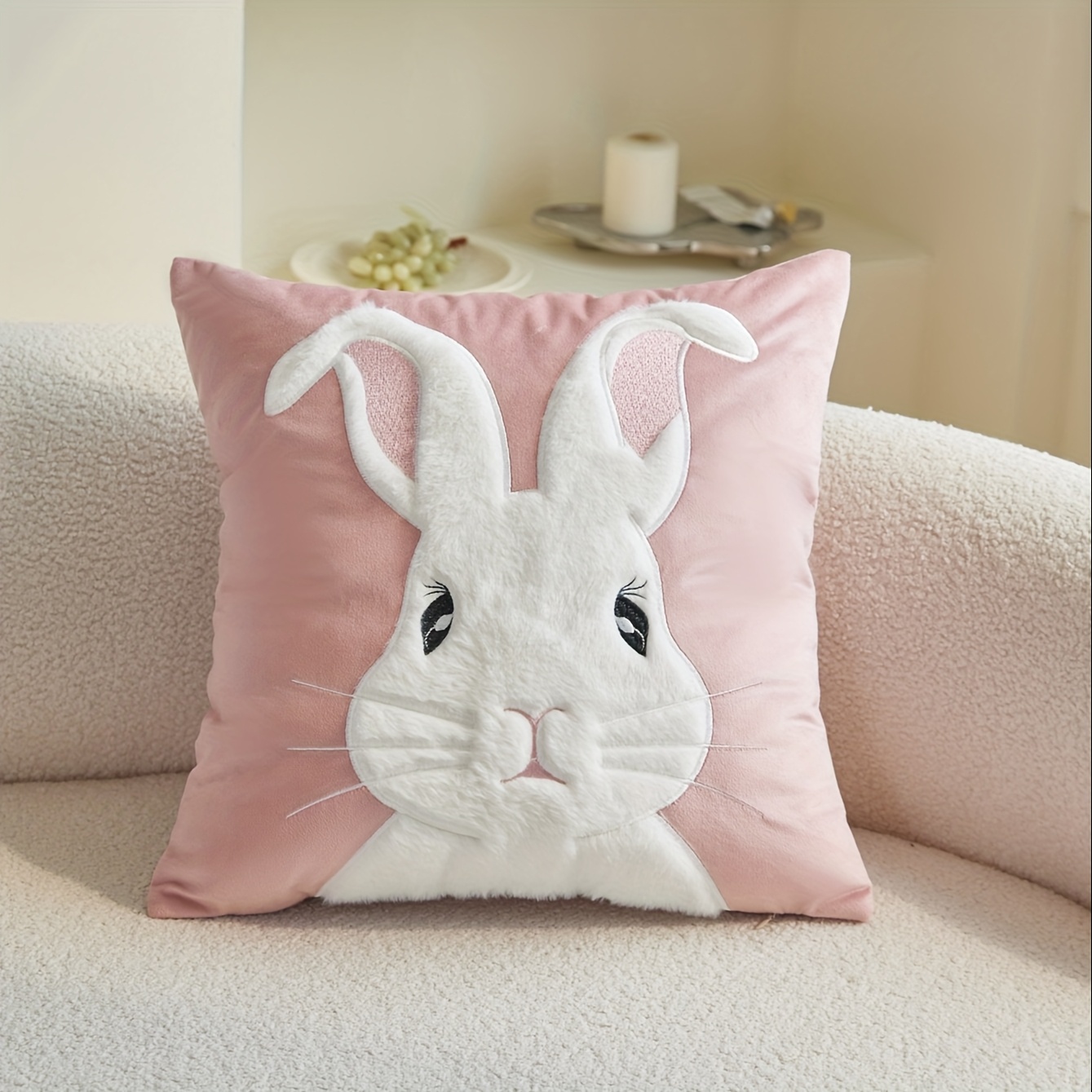 Image of Easter Flannel Rabbit 3d Embroidered Pillowcase, 1pc, For Commuting, Home Decor