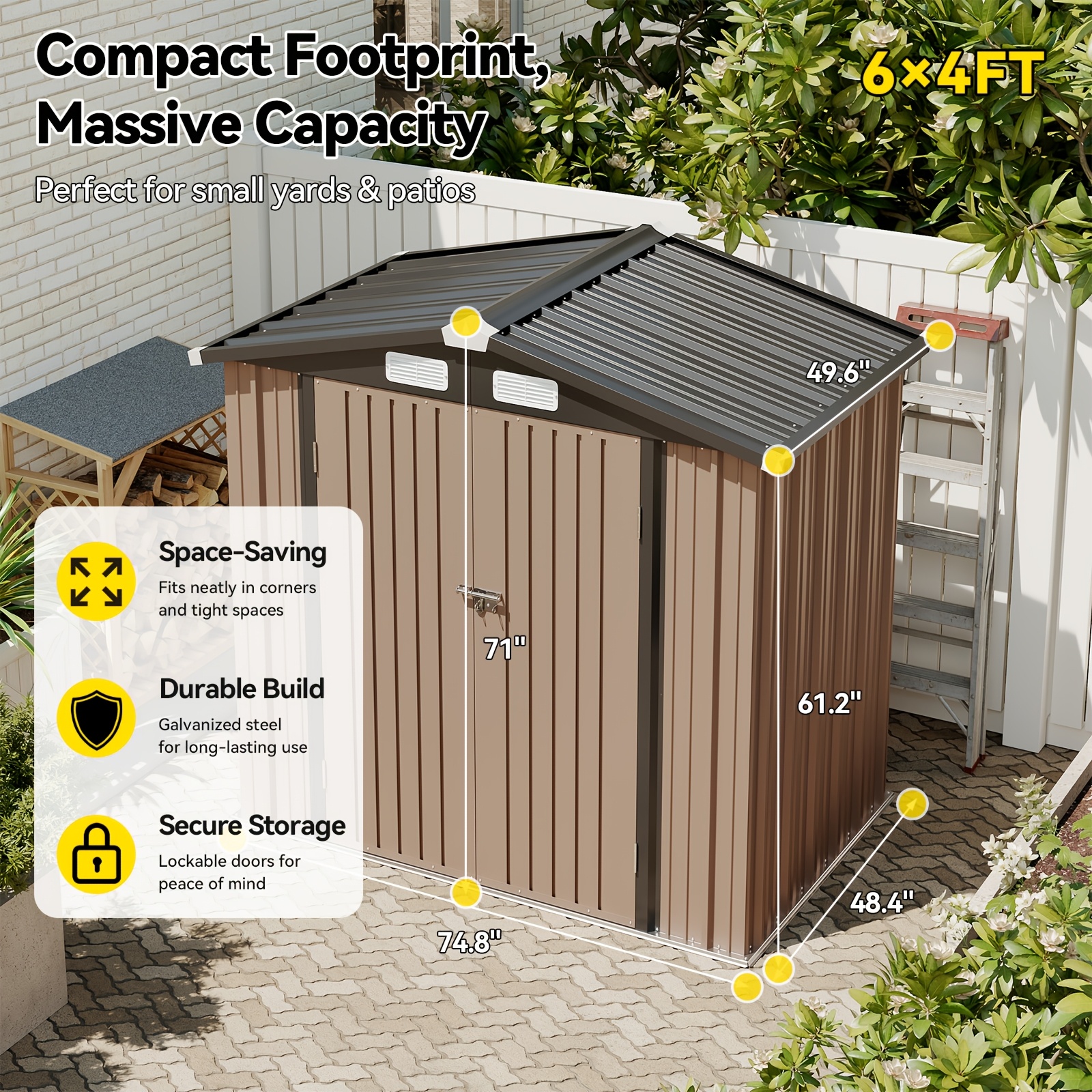 TEMU Shed de rangement extérieur 6X4Ft | Abri à outils de jardin en métal incliné et porte verrouillable pour jardin, patio, cour arrière (Disponible