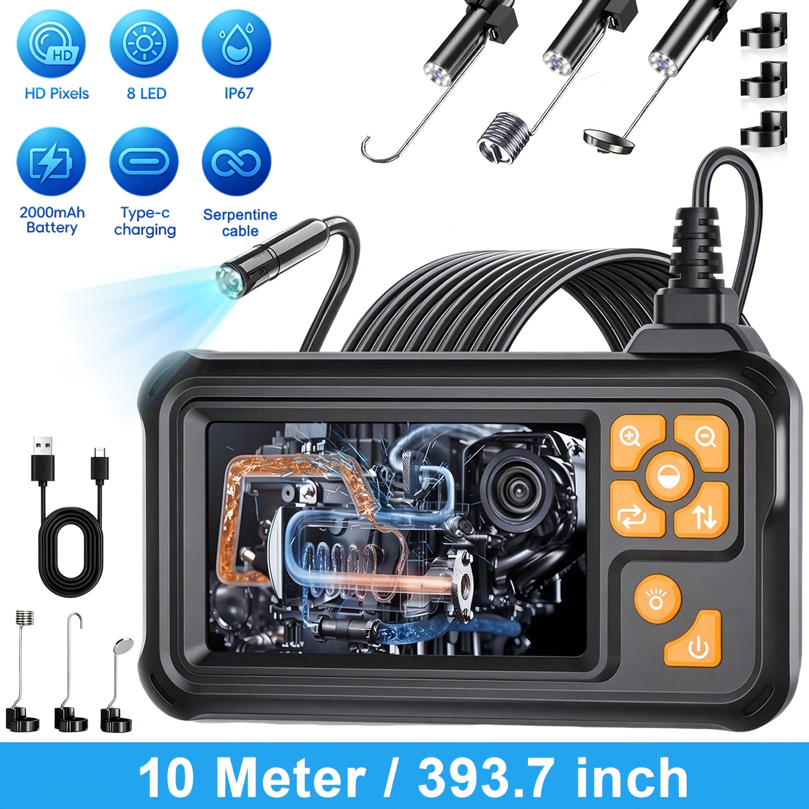 Image of Industrial Endoscope With Light, 4.3-inch Ips Digital 1080p Hd Inspection Camera, Ip"67" With 8 Led Lights, Semi-rigid Cable, For Sewer, Automotive, Wall, Hole & Kitchen Inspection, Gift For Men