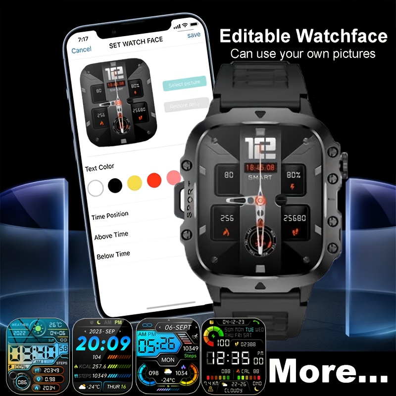  watch 5.1cm screen display wireless /answering phone watch, with led flashlight, multi-sport mode watch for men and women, 100+ , music controller, gps tracking, multimedia information viewing, usb charging, step and calorie, wireless and answering - durable smart watch, compatible with /io watch, high quality watch for men Product details 3