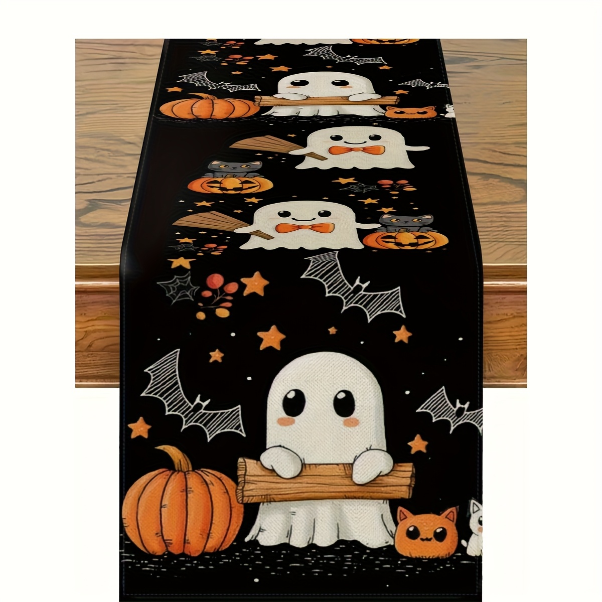 TEMU Runner da di lino per Halloween, 1 pezzo - disegno con piccole zucche, pipistrelli, zucche Jack-O'-Lantern e ragni, per tavole da festive,