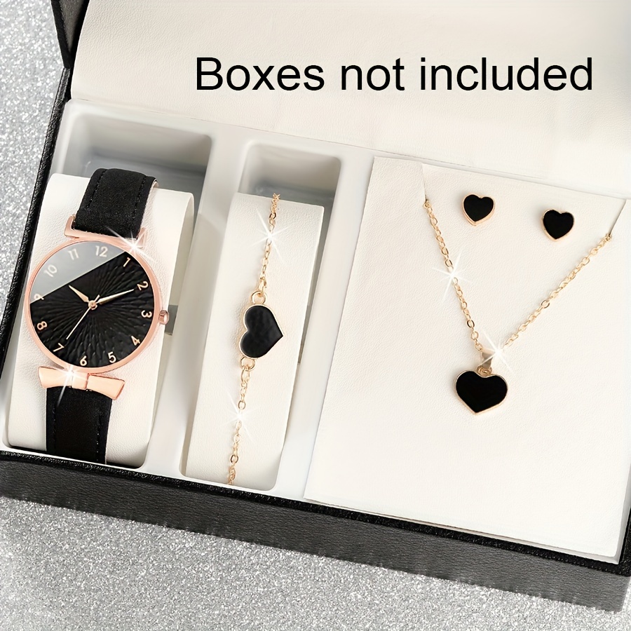 

5pcs/set Women's Casual Fashion Quartz Watch Analog Pu Leather Wrist Watch & Heart Jewelry Set, Valentine's Day Gift For Her
