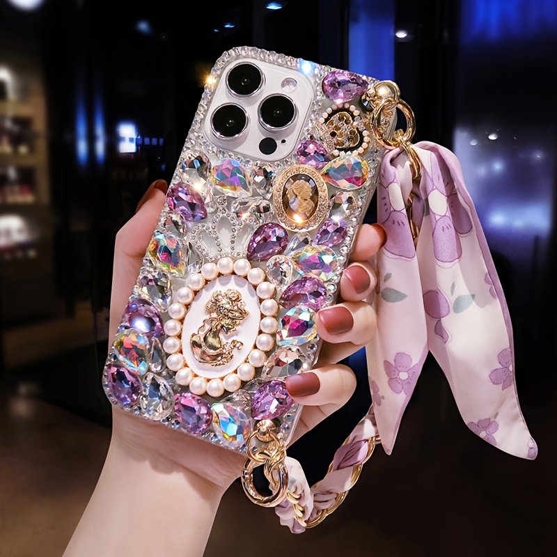 TEMU Phone Case - A Luxurious Handmade Phone Case With Rhinestones And Pearls, Complete With A Beautiful Strap, Suitable For Iphone 11 Through 17 Pro