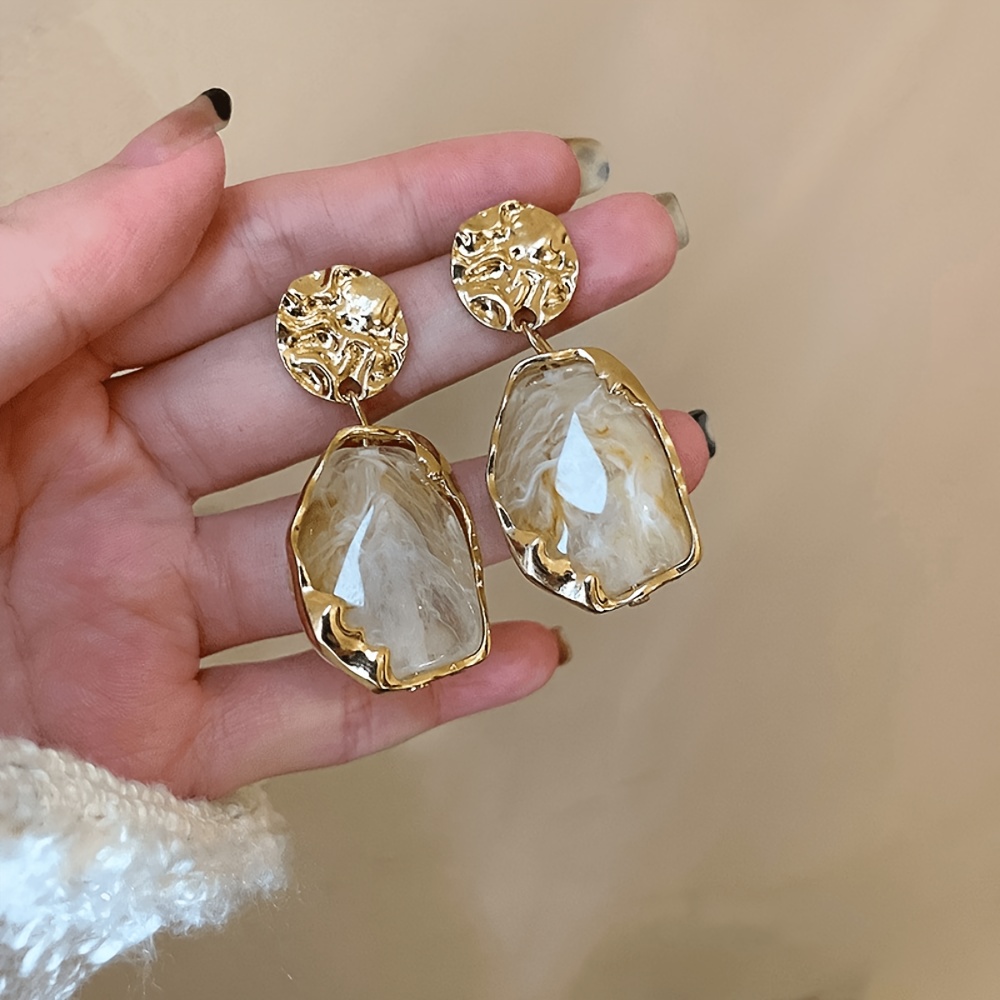 TEMU 1 Pair Of Elegant Vintage Irregular Resin Geometric Earrings, Suitable For Women's Banquet Parties And Vacation Wear