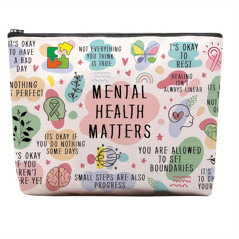 

1pc Linen Mental Health Awareness Makeup Pouch, Positive Affirmations Bag With Inspirational Quotes, Daily Motivation Toiletry Organizer For Women