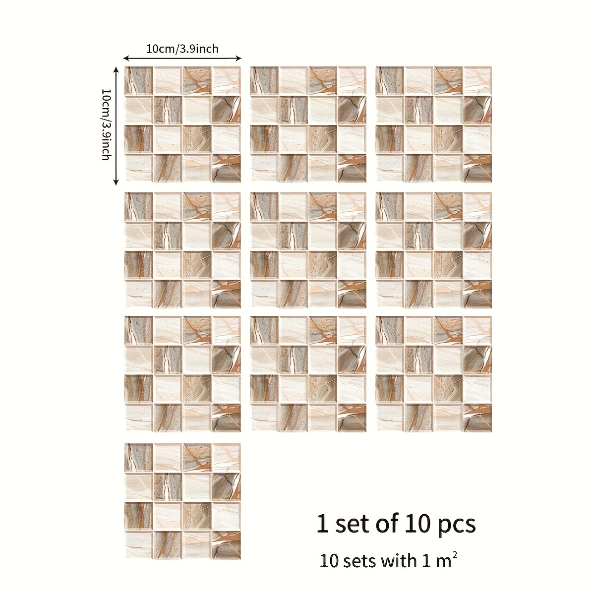Image of 10pcs, 2d Pattern Tile Stickers, Personalized Mosaic Tile Wall Stickers, Personalized Quicksand Line Mosaic Tile Stickers, Removable Waterproof Vinyl Stickers