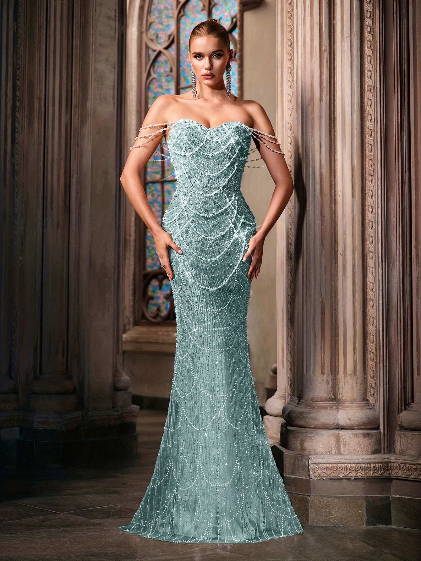 green emerald velvet dress Ladivine CD2420 Elegant Embellished Formal Fitted Gown Light Blue / 4