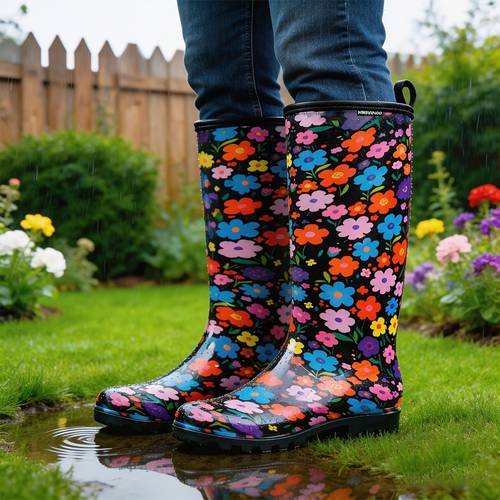 item picture womens pvc rain boots colorful floral pattern tall shaft black carry handle easy on off anti slip sole outdoor wear