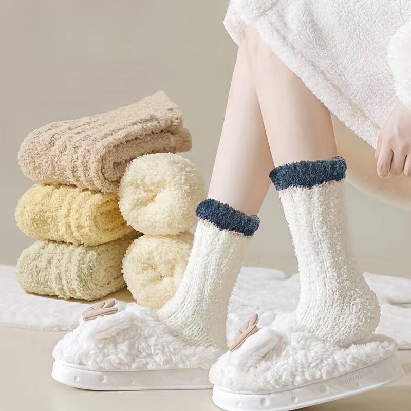 

3 Pairs Women's Fuzzy Slippers, Soft Cozy Fluffy Winter , Polyester 100% Knit Fabric, Solid Color, Home Anti-odor Floor Socks, Warm Sleepwear, Gift Idea