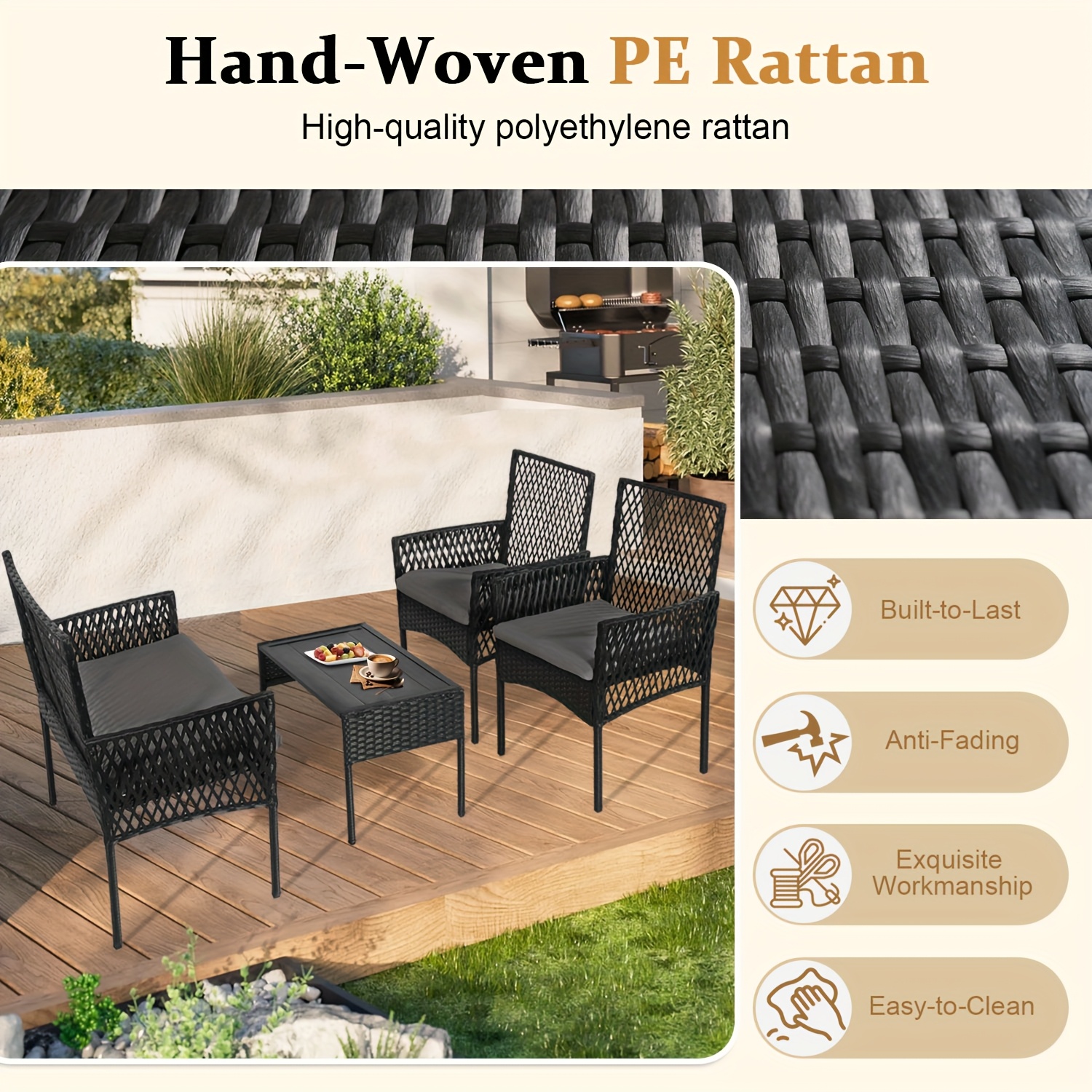 8pcs Patio Furniture Set, Outdoor Rattan Chairs Rattan Conversation Sets with Cushions And Coffee Table for Porch Garden Poolside Backyard, Black- Patio Furniture Outdoor