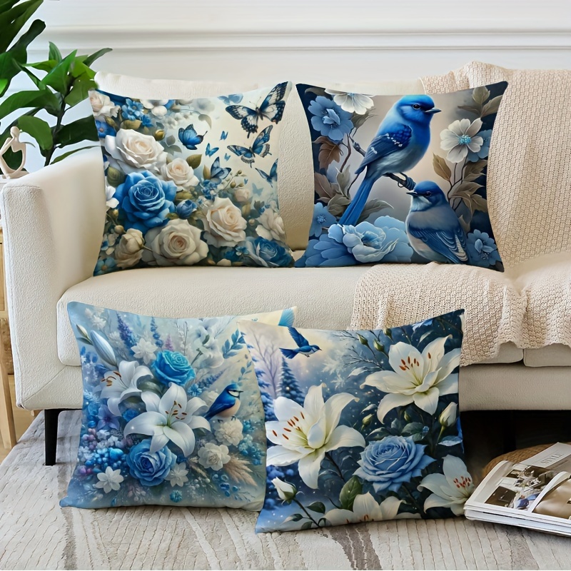 

Vintage Blue Floral 4pcs Throw Pillow Cover Set - Standard 18x18 Inch, Zip Closure, Machine Washable Polyester - Perfect For Living Room & Bedroom Decor