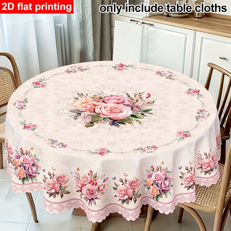 TEMU Nappe uniquement, 2D Plat, 1 pièce, Nappe Ronde à Motif Vintage de Roses et Pâquerettes, Nappe Rectangulaire à Imprimé Floral Élégant de Style