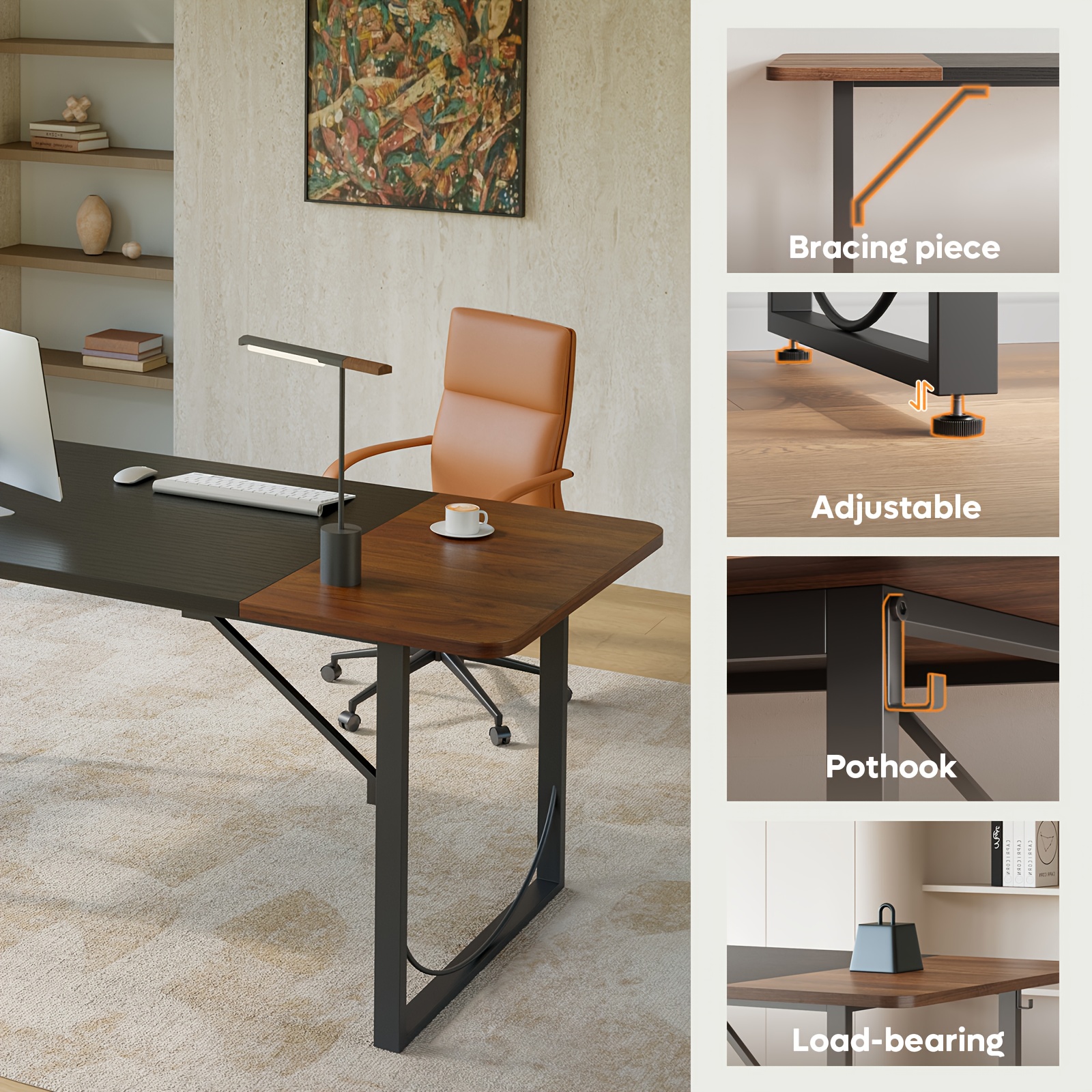 Executive Office Desk 63 Inches with Headphone Hooks, Modern Workstation for PC Laptop, Vanity Table, Craft Table, Office Furniture, Unique Color Matching Design, Computer Desk for Small Spaces, for home Office Workspace Gaming Desk with Metal Frame