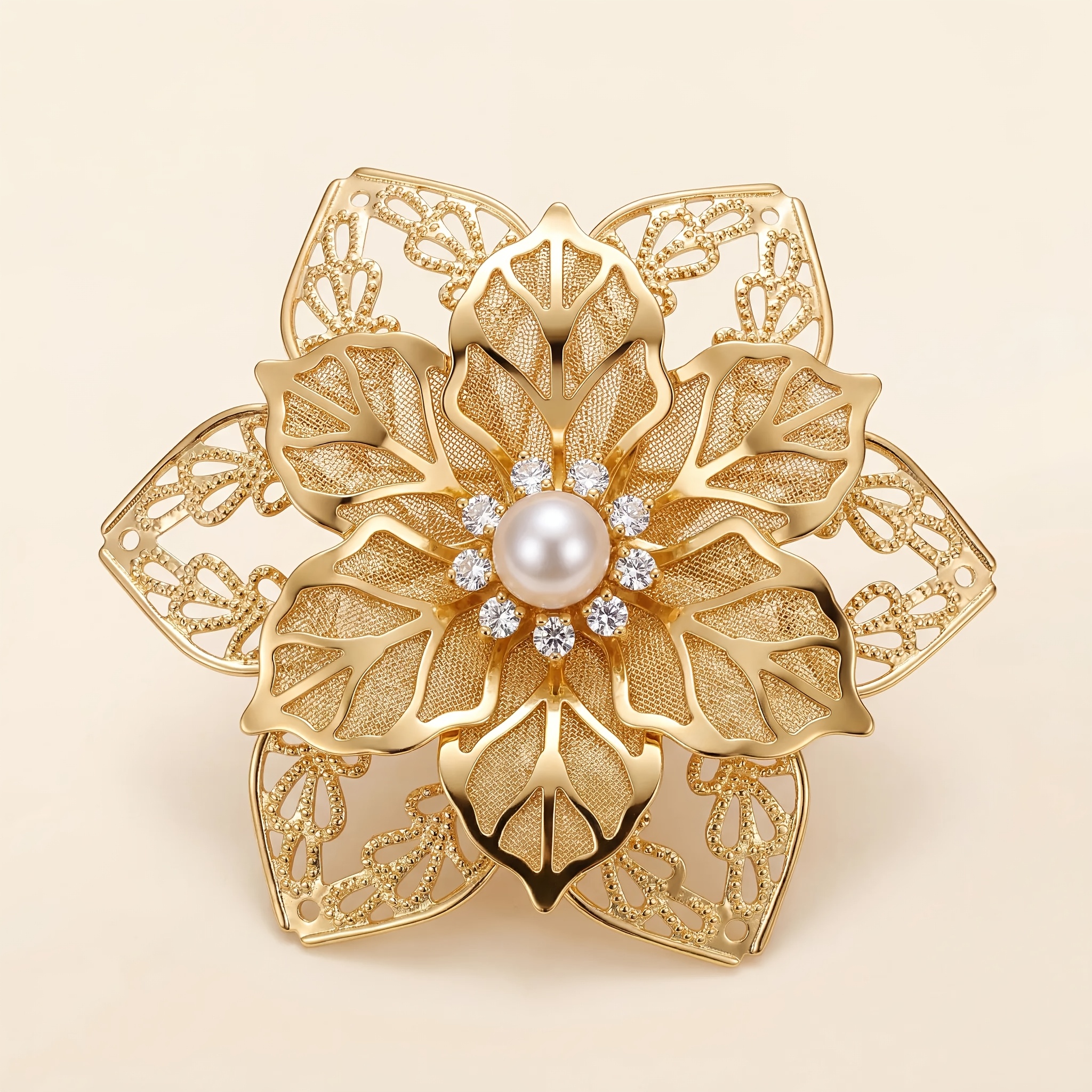 TEMU Broche à fleur ajourée en à double couche avec épingle à centre en strass, costume et accessoire haut de gamme, avec un motif de fleur ajourée |
