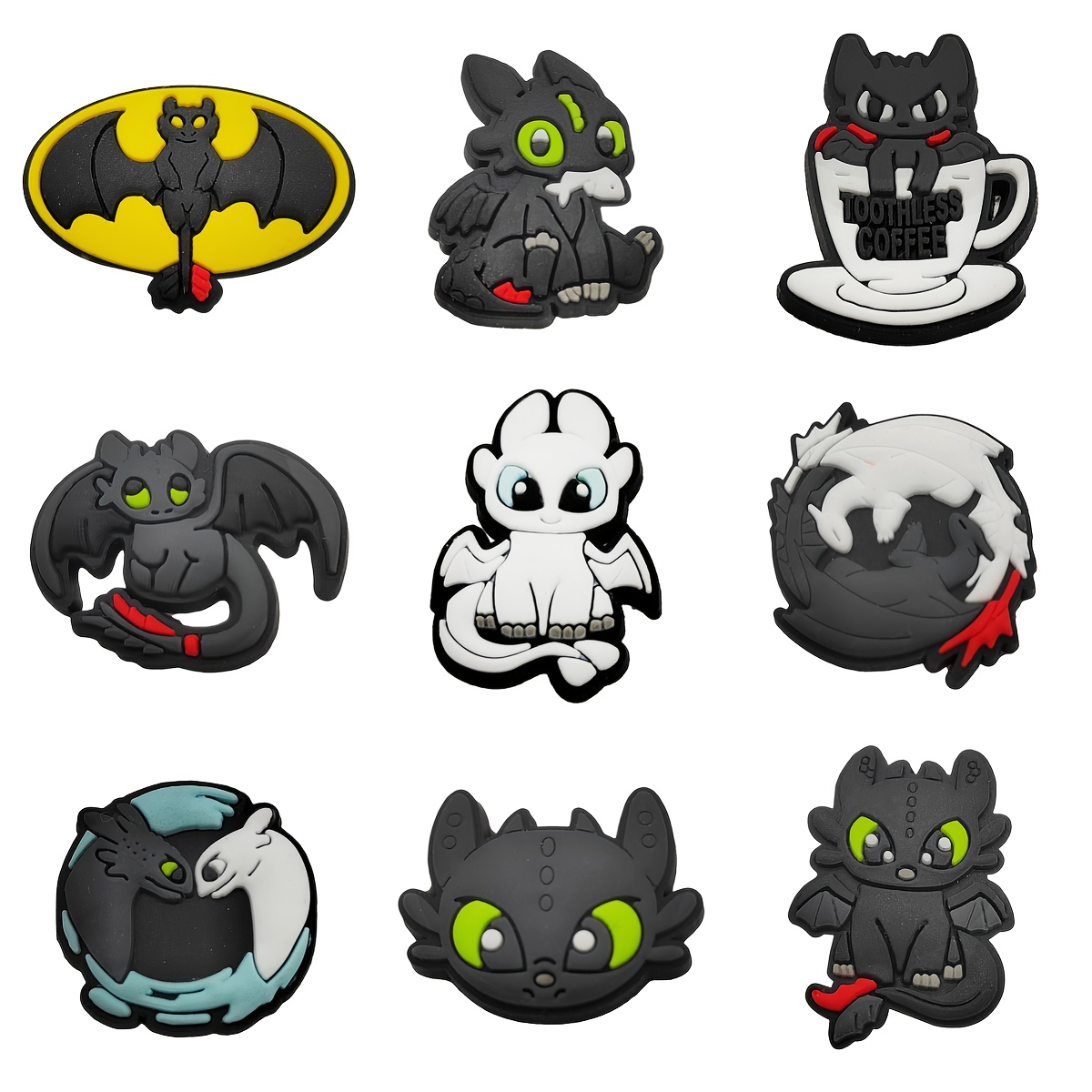 

9pcs Goth Cartoon Toothless Series Removable Pvc Shoe Charms, Diy Accessory Set For Halloween & Christmas Holiday Decorations And Gifts