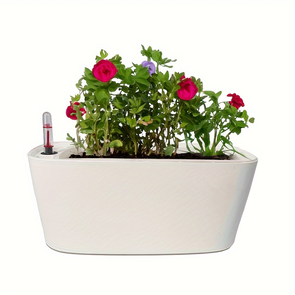 Image of 11.8 Inch Large Size Self Watering Plastic Planter, Rectangle Flower Pot With Water Level Indicator, Window Gardening Box For Indoor Plants, Succulent, Sprout, Pepper Easy Flower Pot