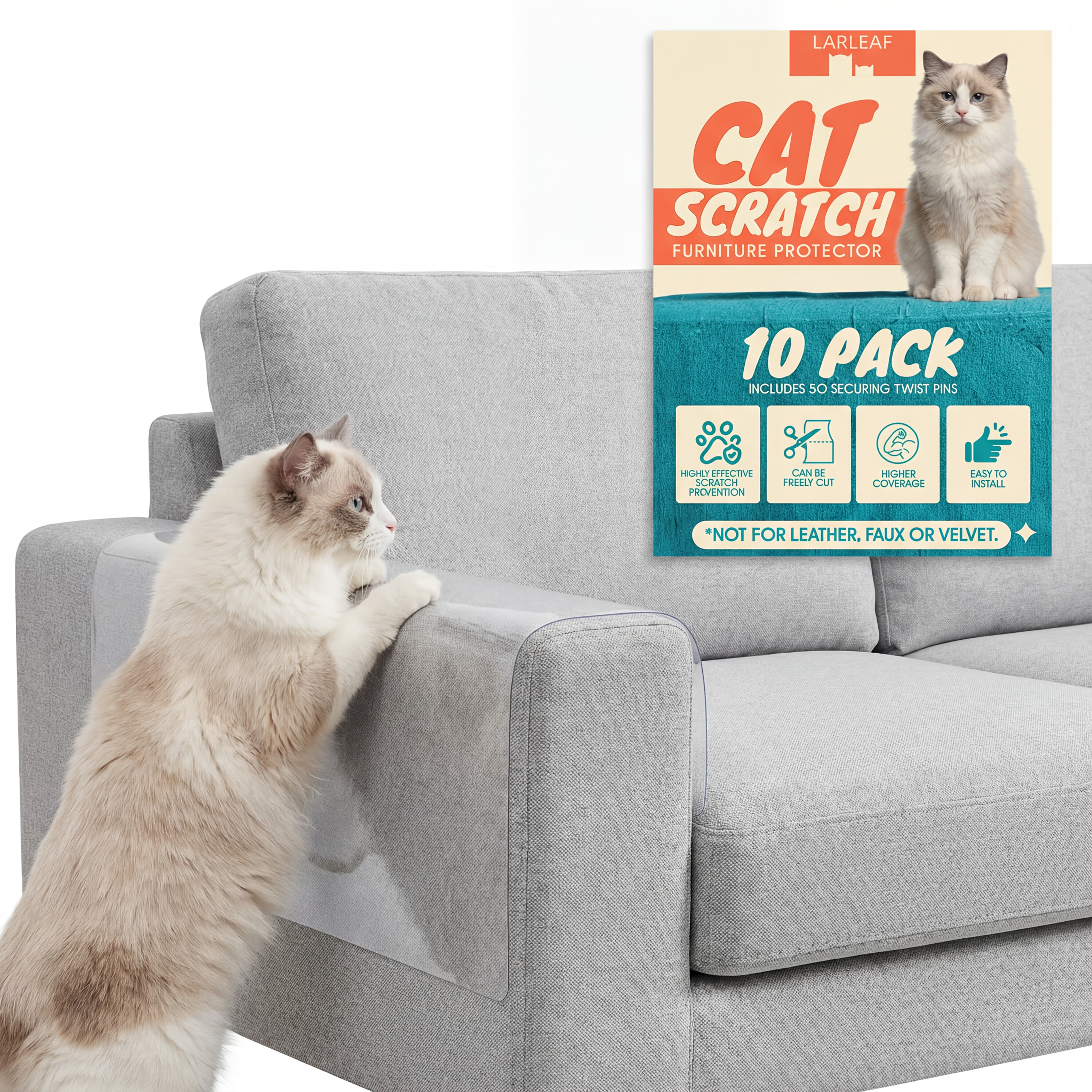 TEMU Clear Sofa Cat Scratch Protector Film, 10 Pack Sheets For Fabric Couch Chair Armrest, Includes 50 Twist Pins, Without Battery