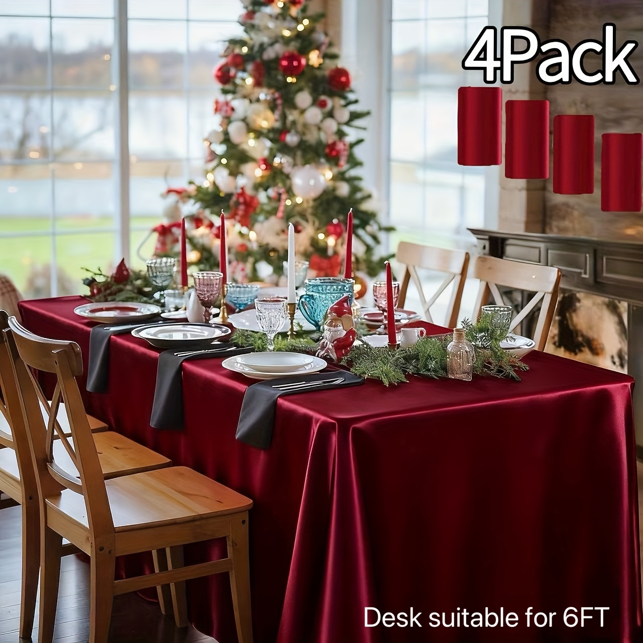 Of 4 Burgundy Satin Tablecloths, 102 X 58 Inches, Smooth Fabric Overlay For Rectangular Tables, Ideal For Weddings, Banquets