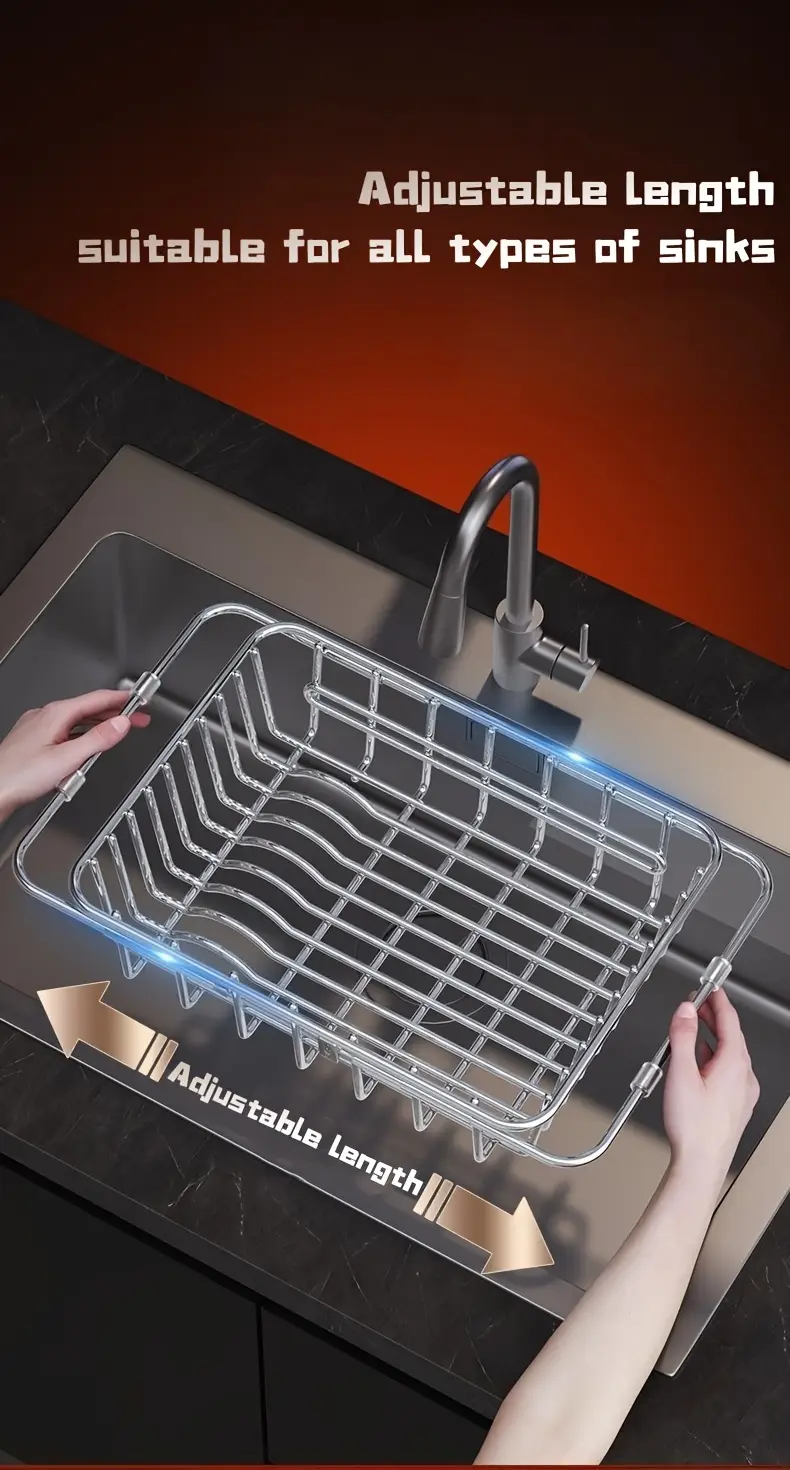 stainless steel adjustable sink draining basket extensible drainer rack for kitchen sinks dish and utensil organizer for dishwashing a must have for kitchen Product details 1
