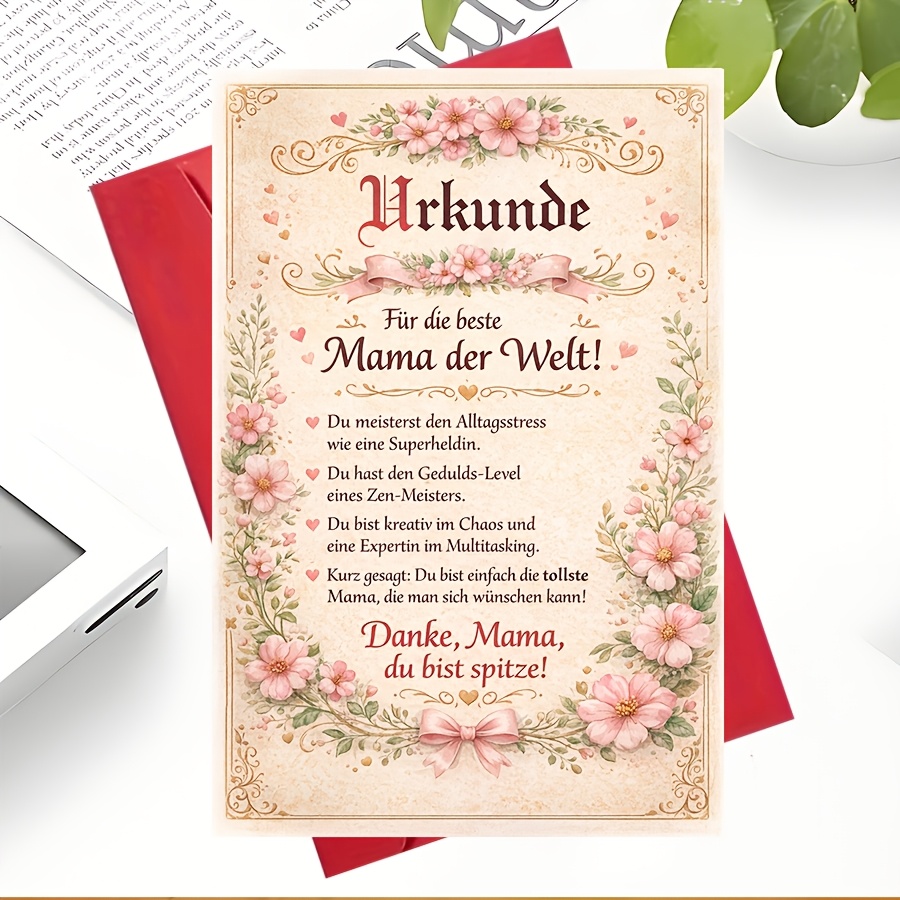 E-shop Muttertags-Grußkarte, im Zertifikat-Stil mit Blumendesign, herzliche Nachricht, verschenkfertig, ideal für Mama von Tochter, Sohn, Ehepartner,
