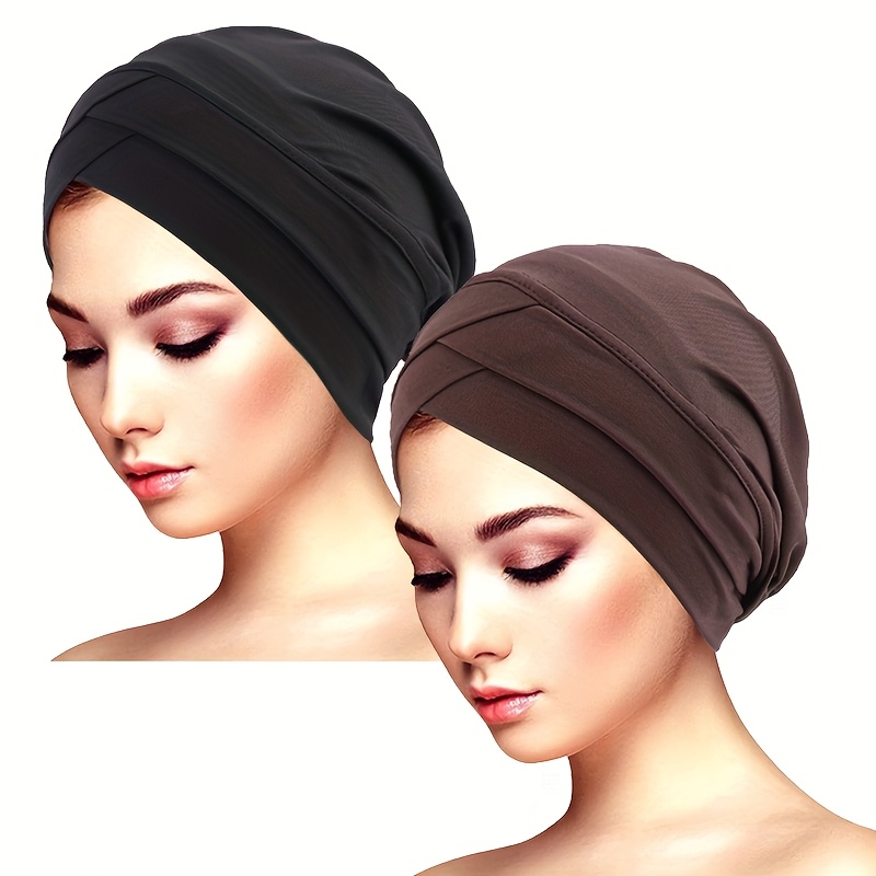 TEMU 2pcs Stretchy Double Turban Caps - Polyester, Chemotherapy & Personal Care