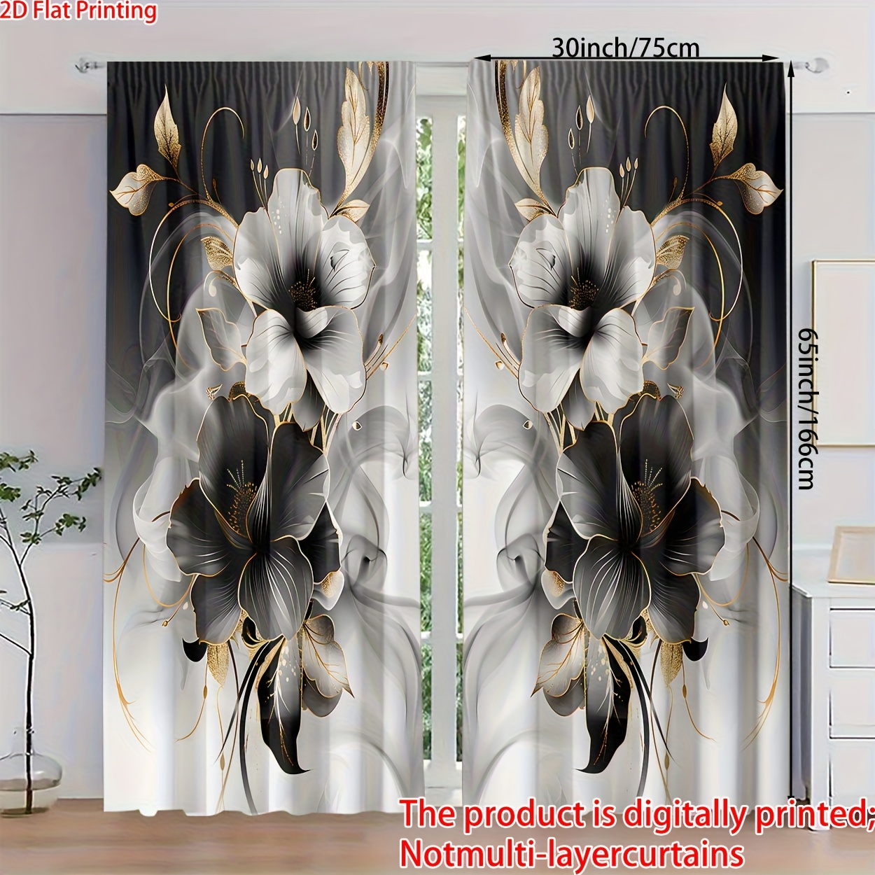 TEMU 2pcs, 2d Flat Print Polyester Material Hd Digital Floral Pattern Sheer Curtains With Rod For Bedroom, Living Room, Office & Home Decor