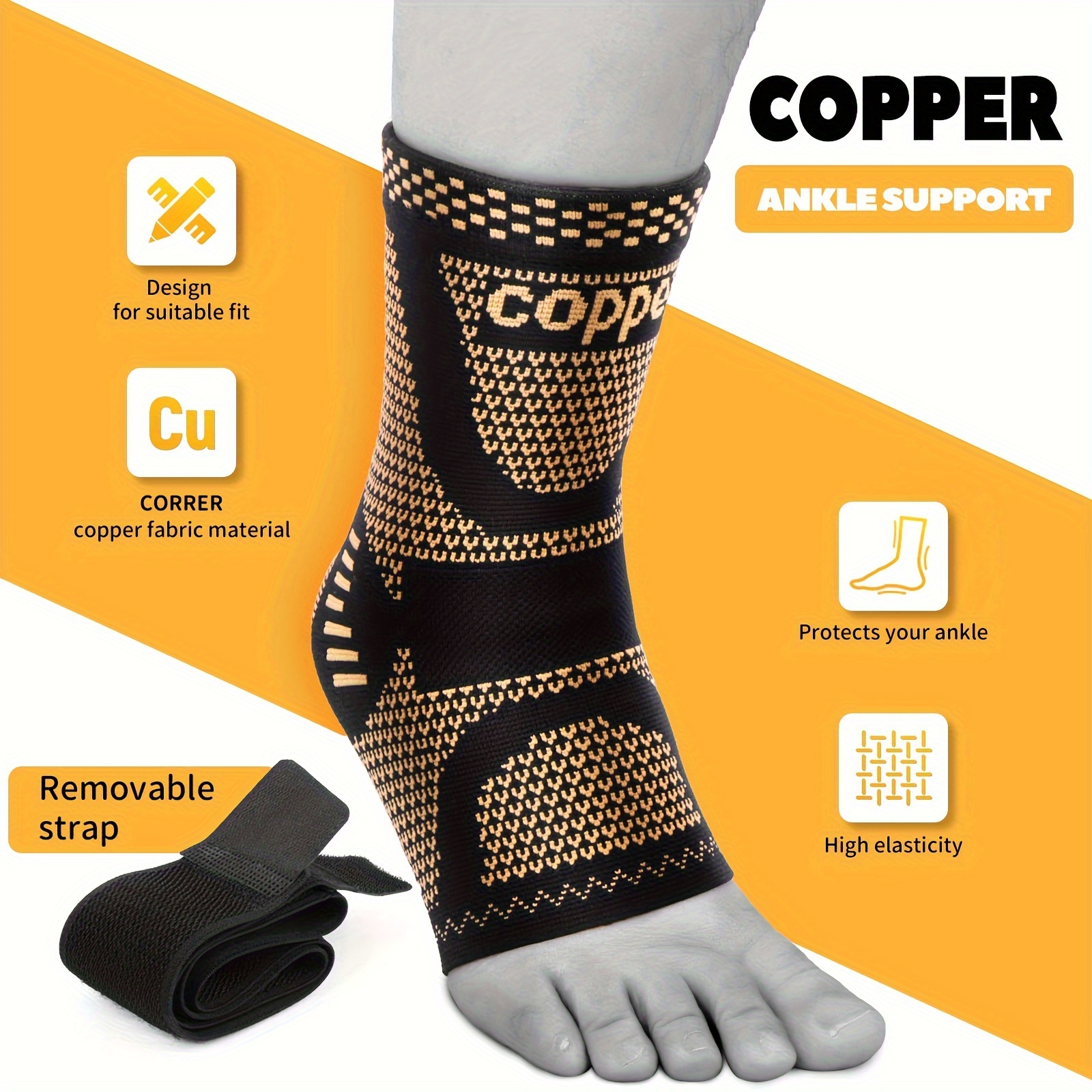 1pc Copper Ankle Brace Adjustable Compression Sleeve, Support Heel Brace for Football
