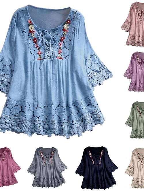 womens floral lace shirts bow hollow half sleeve pleated v neck summer casual loose