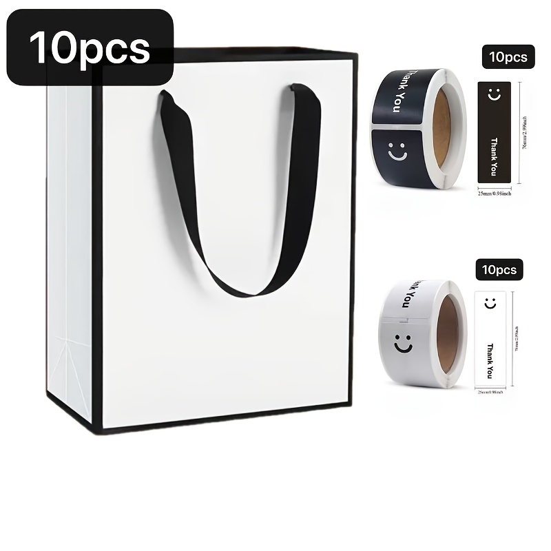 Image of 30pcs Elegant White Cardstock Gift Bags With Black And White Happy Face Thank You Sealing Stickers, Featuring Black Borders And Thank Face Stickers - Commuting, Shopping, Parties, Birthdays, Weddings
