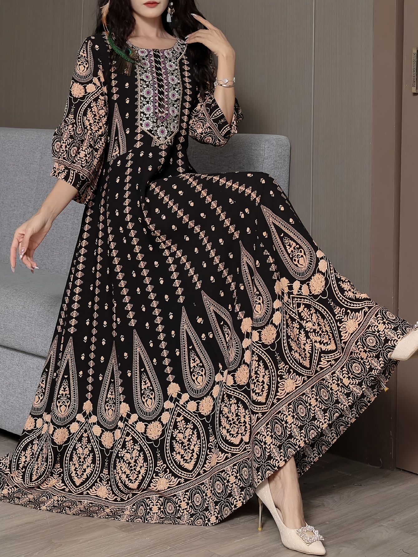middle eastern bohemian style dress ethnic embroidered - Temu