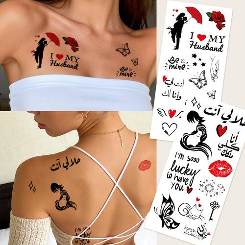 romantic couple tattoo stickers short black and red color scheme decorative stickers for valentines day festival tattoos party gift temporary waterproof tattoos for wrist chest abdomen and body