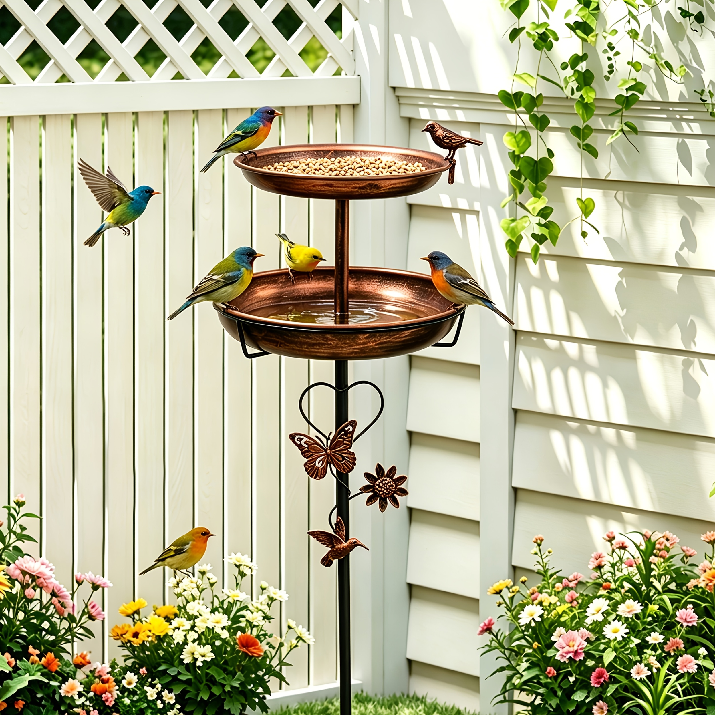 Image of 2-in-1 Bird Bath & Feeder 5-prong Heavy Duty Sturdy Metal & Weather Resistant Natural Courtyard Style, Summer Garden Essential, Bird Watching & Garden Party Decoration, Robin, Sparrow